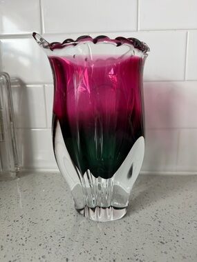 vintage Czechoslovakian art glass vase Fuchsia and Emerald